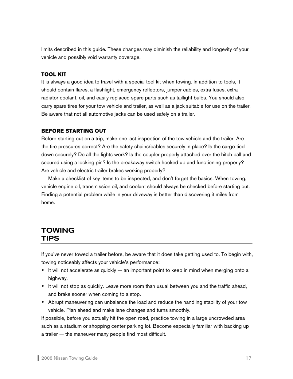 Towing tips | NISSAN 2008 Versa Hatchback - Towing Guide User Manual | Page 18 / 32