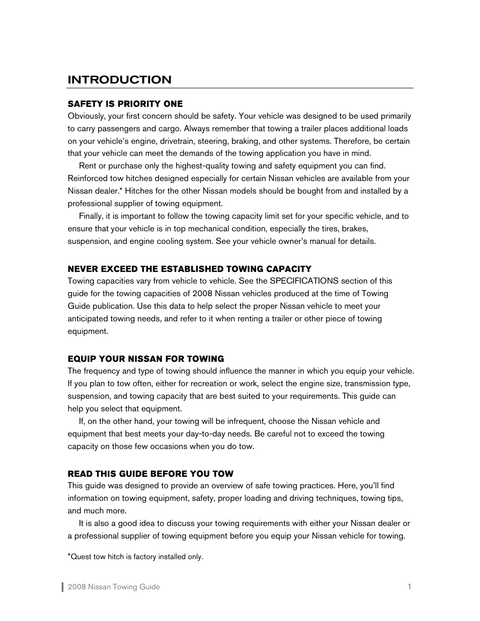 Introduction | NISSAN 2008 Versa Hatchback - Towing Guide User Manual | Page 2 / 32