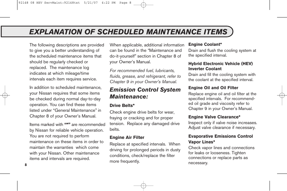 Explanation of scheduled maintenance items, Emission control system maintenance | NISSAN 2008 Versa Hatchback - Service & Maintenance Guide User Manual | Page 10 / 57