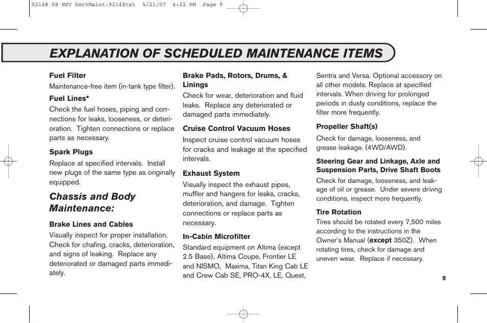 Explanation of scheduled maintenance items, Chassis and body maintenance | NISSAN 2008 Versa Hatchback - Service & Maintenance Guide User Manual | Page 11 / 57