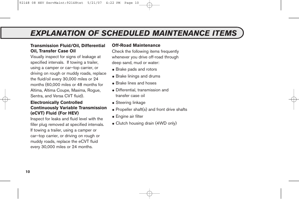 Explanation of scheduled maintenance items | NISSAN 2008 Versa Hatchback - Service & Maintenance Guide User Manual | Page 12 / 57