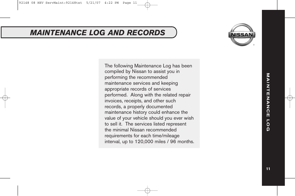 Maintenance log and records | NISSAN 2008 Versa Hatchback - Service & Maintenance Guide User Manual | Page 13 / 57
