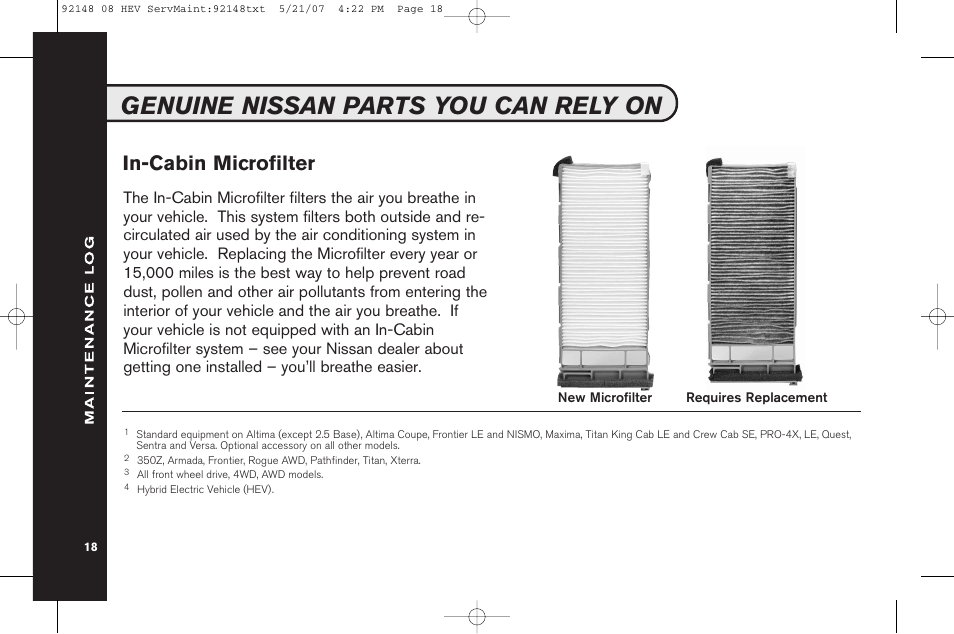 Genuine nissan parts you can rely on, In-cabin microfilter | NISSAN 2008 Versa Hatchback - Service & Maintenance Guide User Manual | Page 20 / 57
