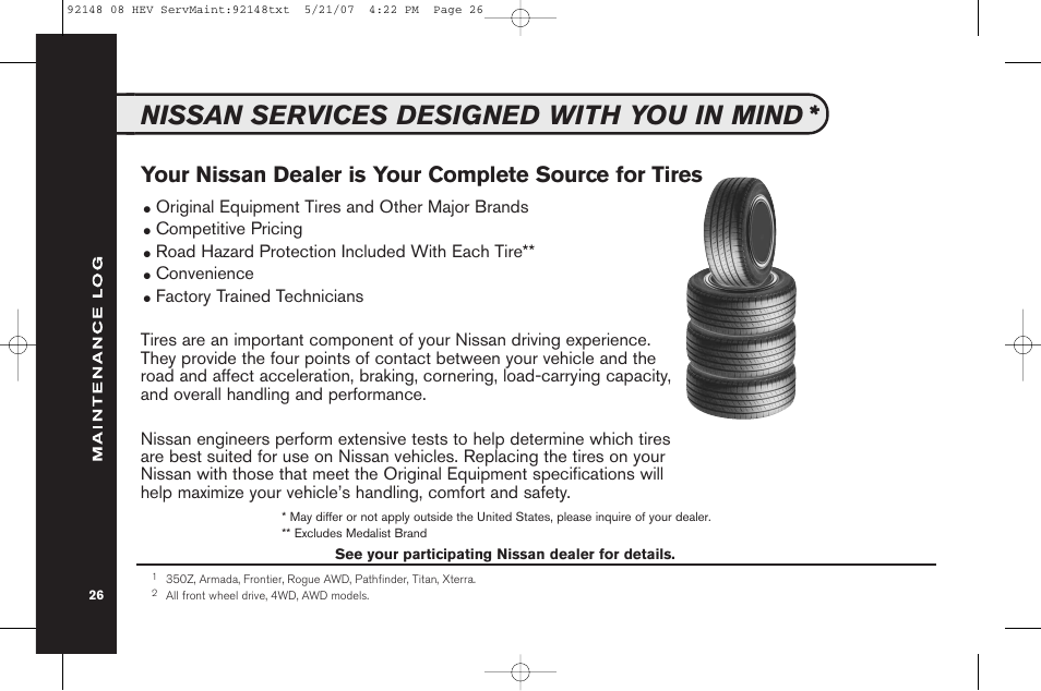 Nissan services designed with you in mind, Original equipment tires and other major brands, Competitive pricing | Road hazard protection included with each tire, Convenience | NISSAN 2008 Versa Hatchback - Service & Maintenance Guide User Manual | Page 28 / 57