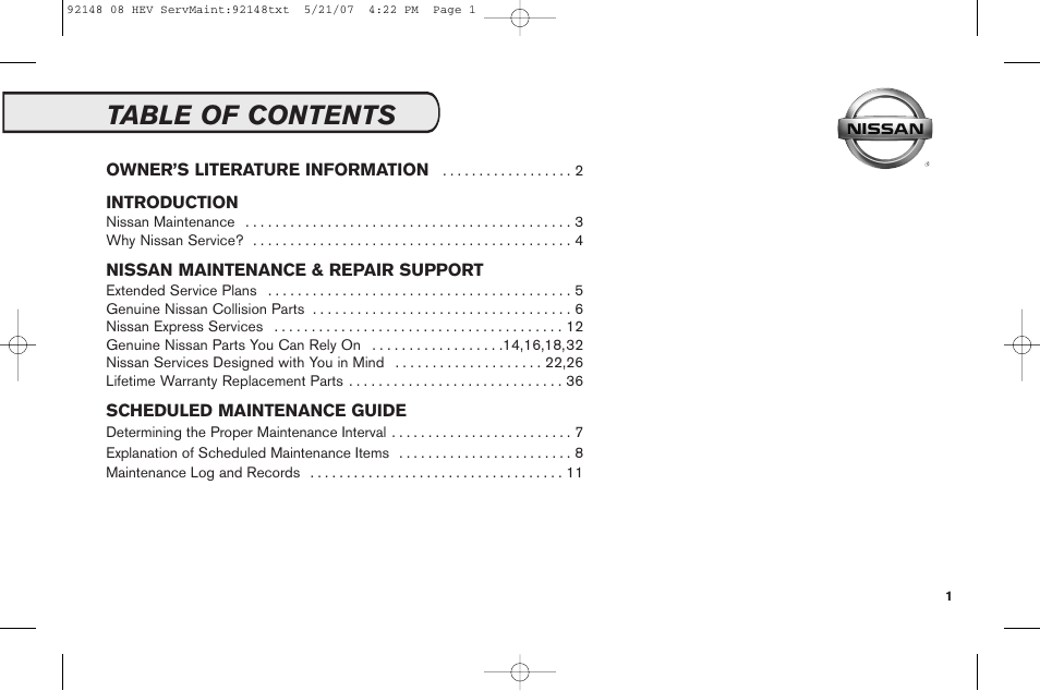 NISSAN 2008 Versa Hatchback - Service & Maintenance Guide User Manual | Page 3 / 57