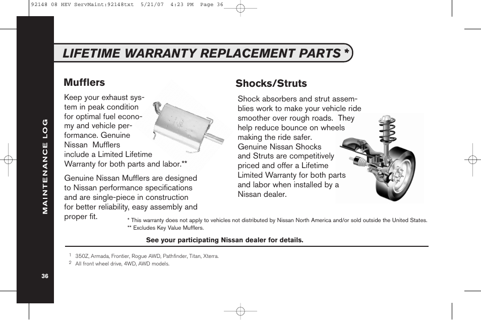 Lifetime warranty replacement parts, Mufflers shocks/struts | NISSAN 2008 Versa Hatchback - Service & Maintenance Guide User Manual | Page 38 / 57