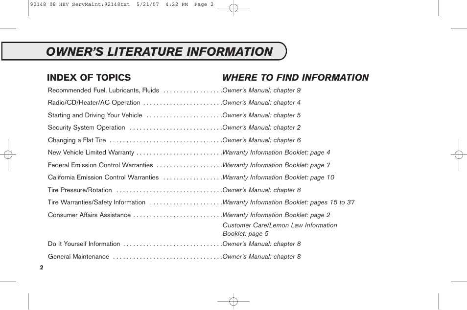 Owner's literature information, Owner’s literature information, Index of topics where to find information | NISSAN 2008 Versa Hatchback - Service & Maintenance Guide User Manual | Page 4 / 57