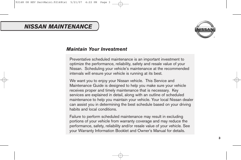 Nissan maintenance, Maintain your investment | NISSAN 2008 Versa Hatchback - Service & Maintenance Guide User Manual | Page 5 / 57