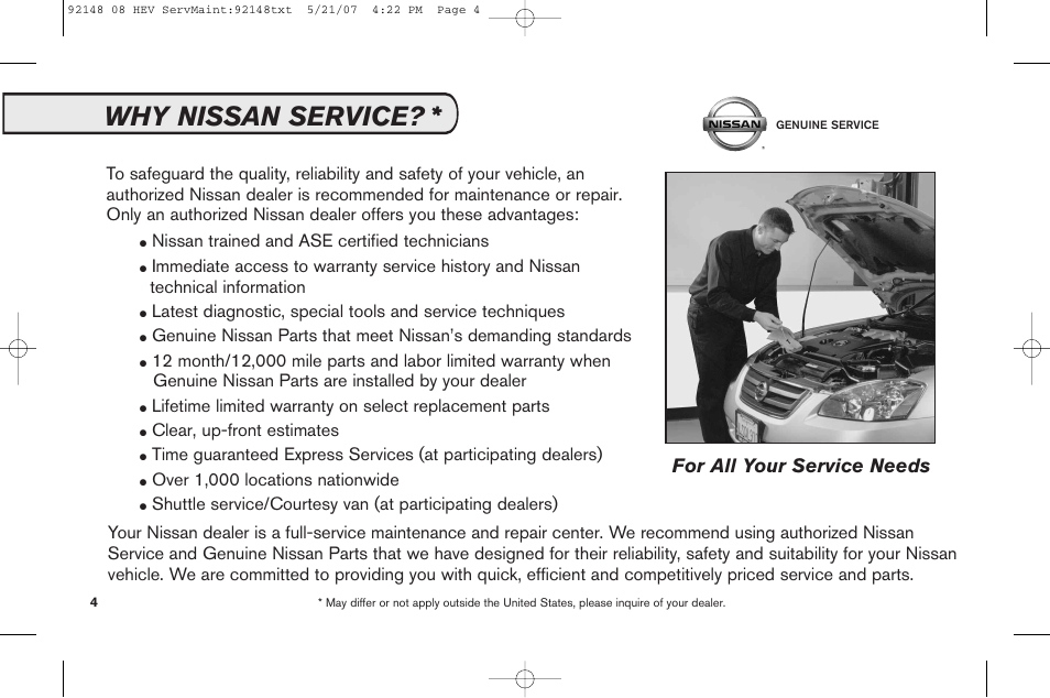 Why nissan service, For all your service needs, Nissan trained and ase certified technicians | Clear, up-front estimates, Over 1,000 locations nationwide | NISSAN 2008 Versa Hatchback - Service & Maintenance Guide User Manual | Page 6 / 57