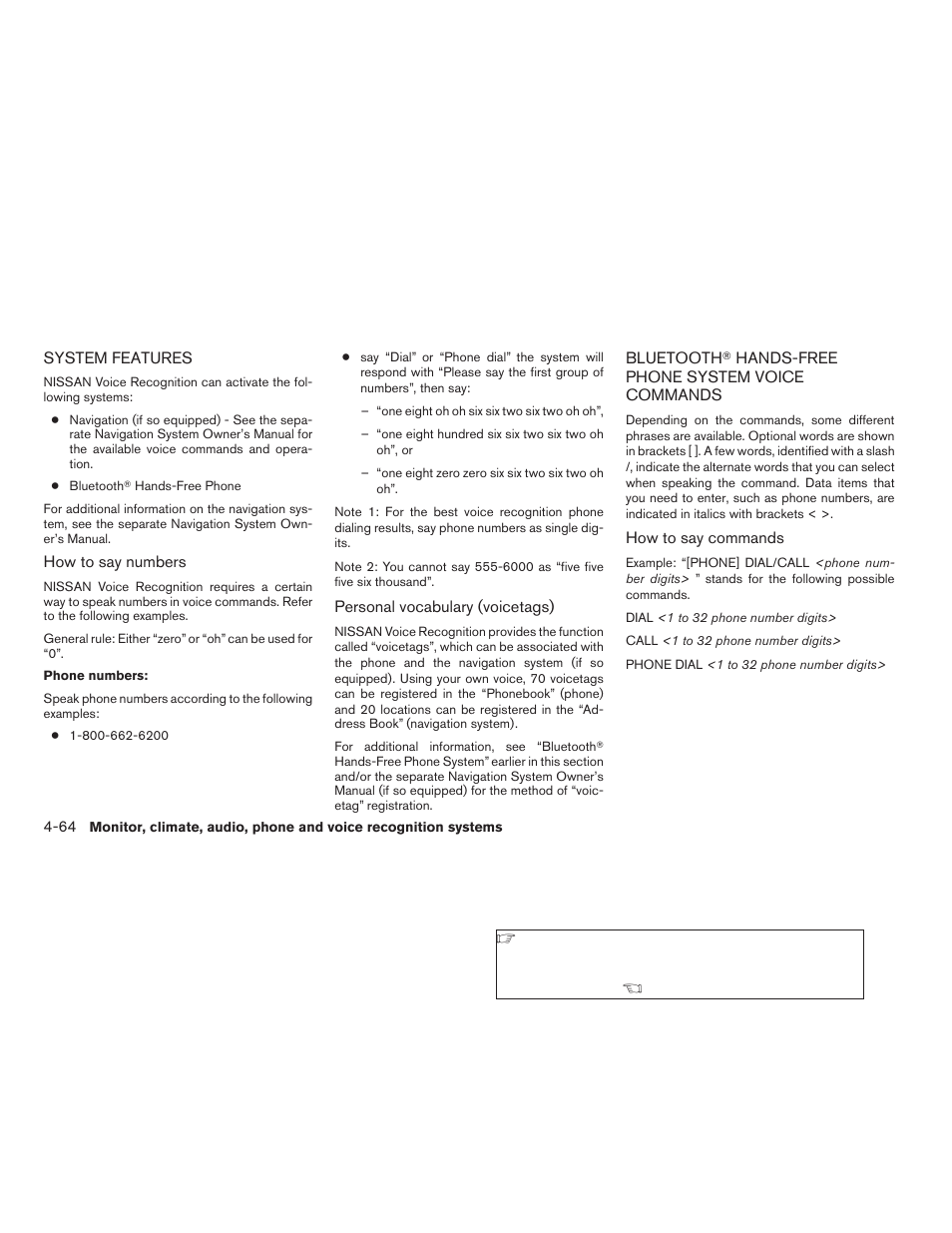 System features -64, Bluetooth, Hands-free phone system voice | Commands -64 | NISSAN 2009 Altima Hybrid - Owner's Manual User Manual | Page 223 / 353