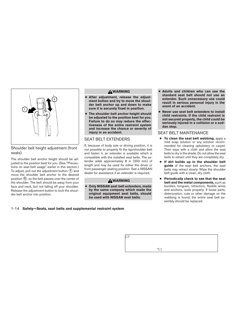 Seat belt extenders -14 seat belt maintenance -14 | NISSAN 2009 Altima Hybrid - Owner's Manual User Manual | Page 41 / 353