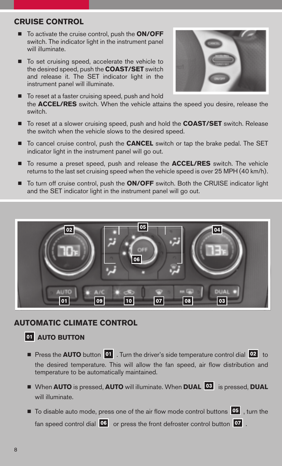 Cruise control, Automatic climate control | NISSAN 2009 Altima Hybrid - Quick Reference Guide User Manual | Page 10 / 36