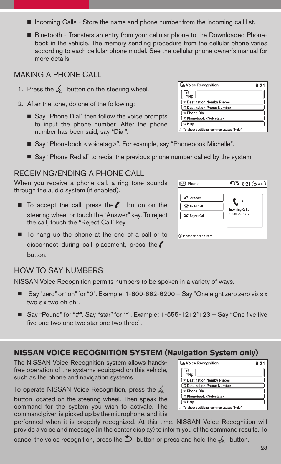 Making a phone call, Receiving/ending a phone call, How to say numbers | NISSAN 2009 Altima Hybrid - Quick Reference Guide User Manual | Page 25 / 36