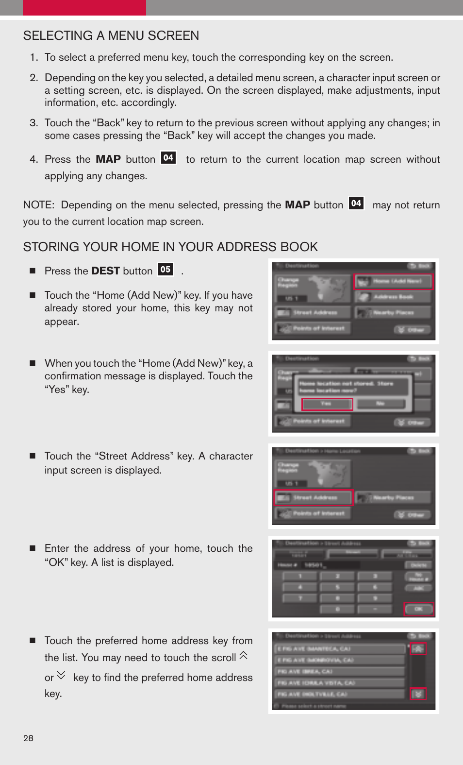 Selecting a menu screen, Storing your home in your address book | NISSAN 2009 Altima Hybrid - Quick Reference Guide User Manual | Page 30 / 36