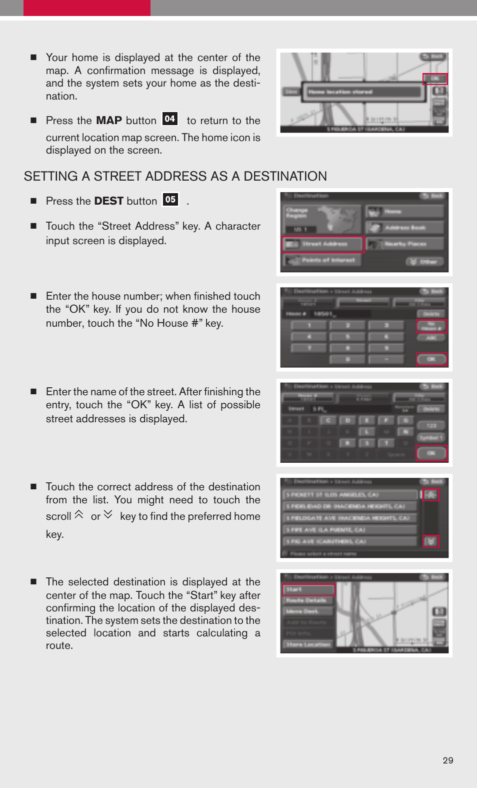 Setting a street address as a destination | NISSAN 2009 Altima Hybrid - Quick Reference Guide User Manual | Page 31 / 36