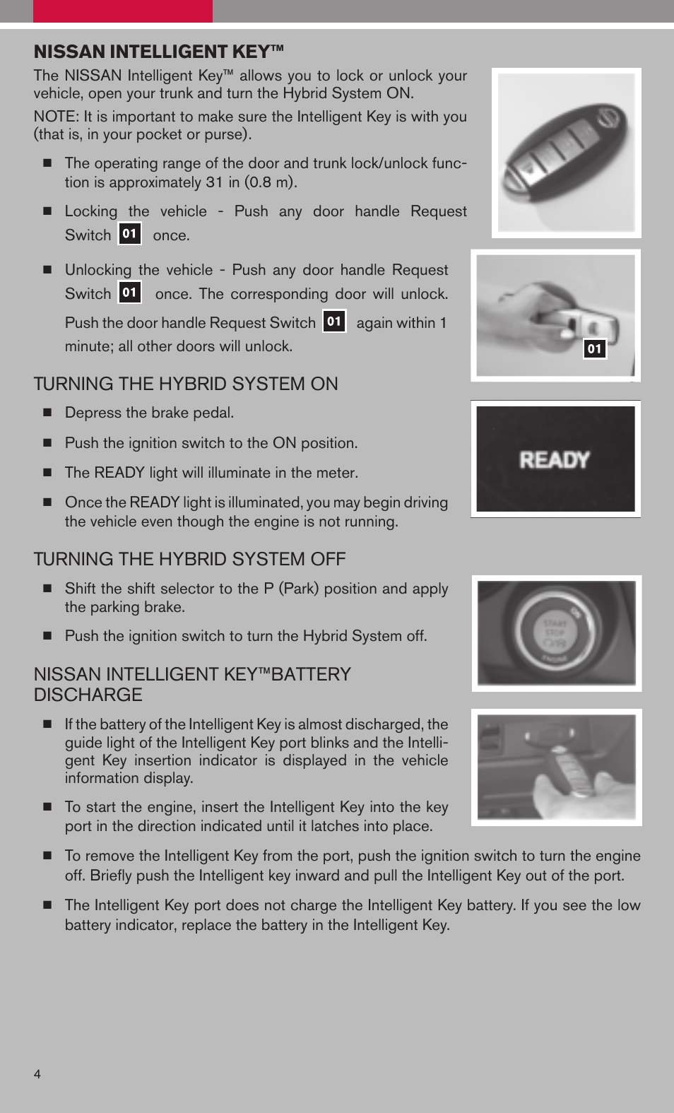 Nissan intelligent key, Turning the hybrid system on, Turning the hybrid system off | Nissan intelligent key™battery discharge | NISSAN 2009 Altima Hybrid - Quick Reference Guide User Manual | Page 6 / 36