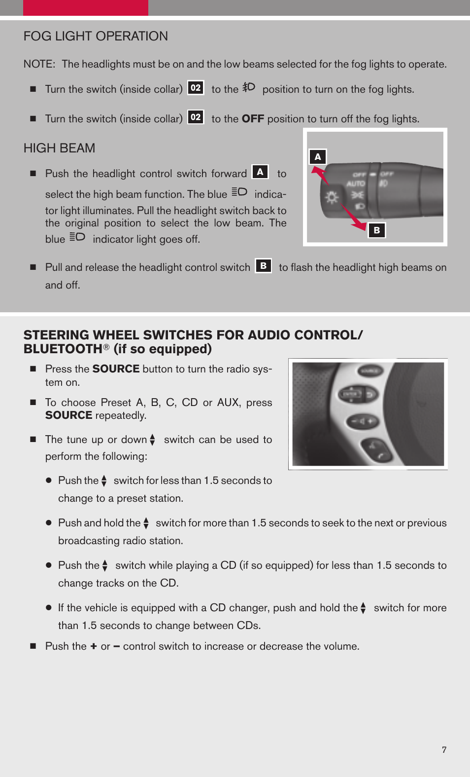 Fog light operation, High beam | NISSAN 2009 Altima Hybrid - Quick Reference Guide User Manual | Page 9 / 36