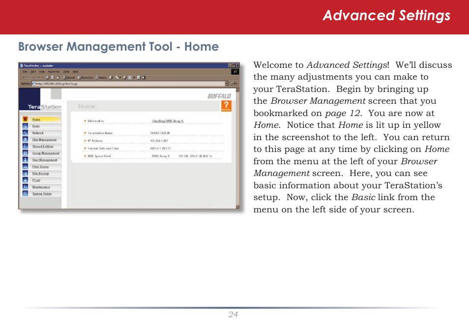 Advanced settings, Browser management tool - home | Buffalo Technology TeraStation HD-HTGL/R5 User Manual | Page 24 / 82