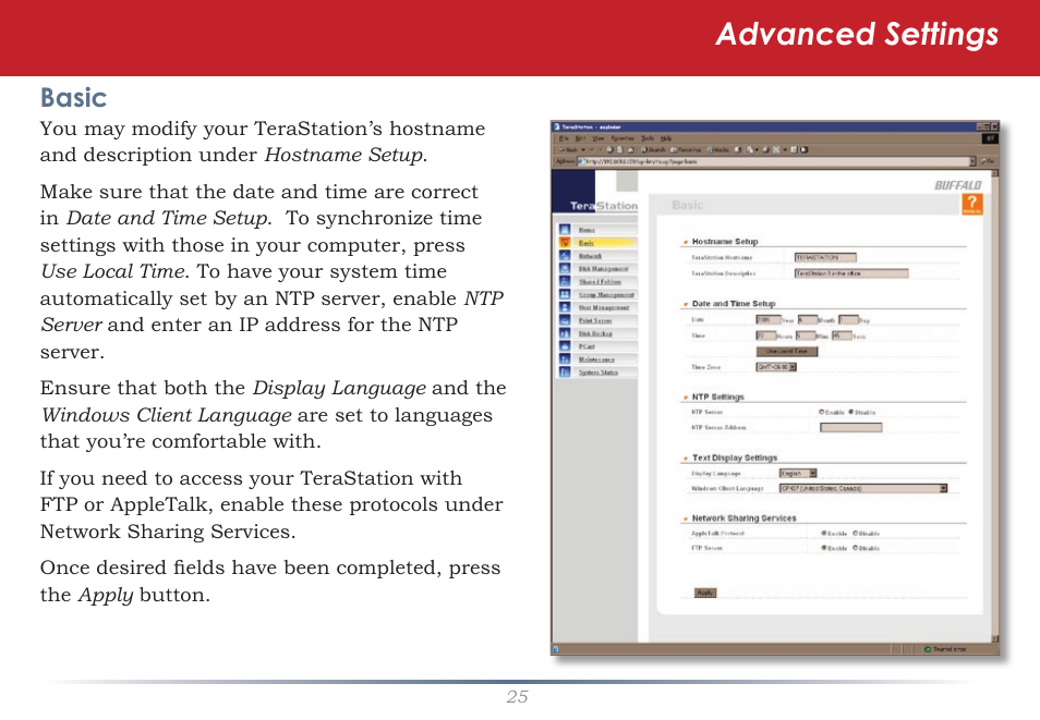 Advanced settings, Basic | Buffalo Technology TeraStation HD-HTGL/R5 User Manual | Page 25 / 82