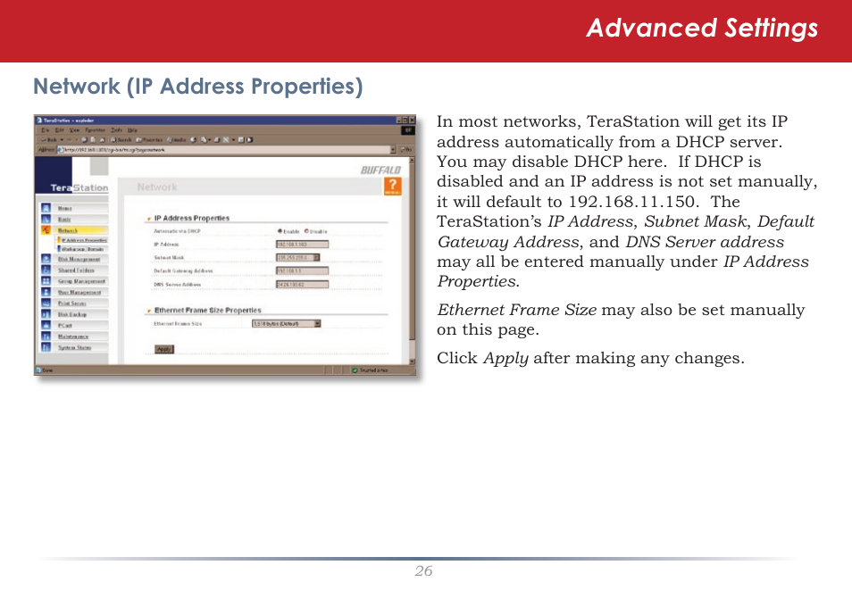 Advanced settings, Network (ip address properties) | Buffalo Technology TeraStation HD-HTGL/R5 User Manual | Page 26 / 82