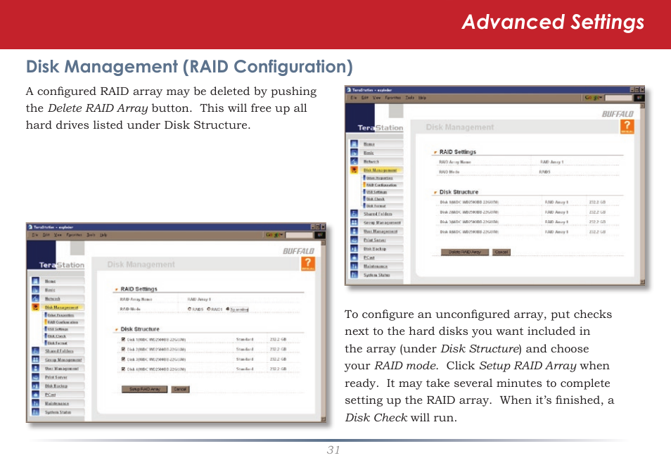 Advanced settings, Disk management (raid configuration) | Buffalo Technology TeraStation HD-HTGL/R5 User Manual | Page 31 / 82
