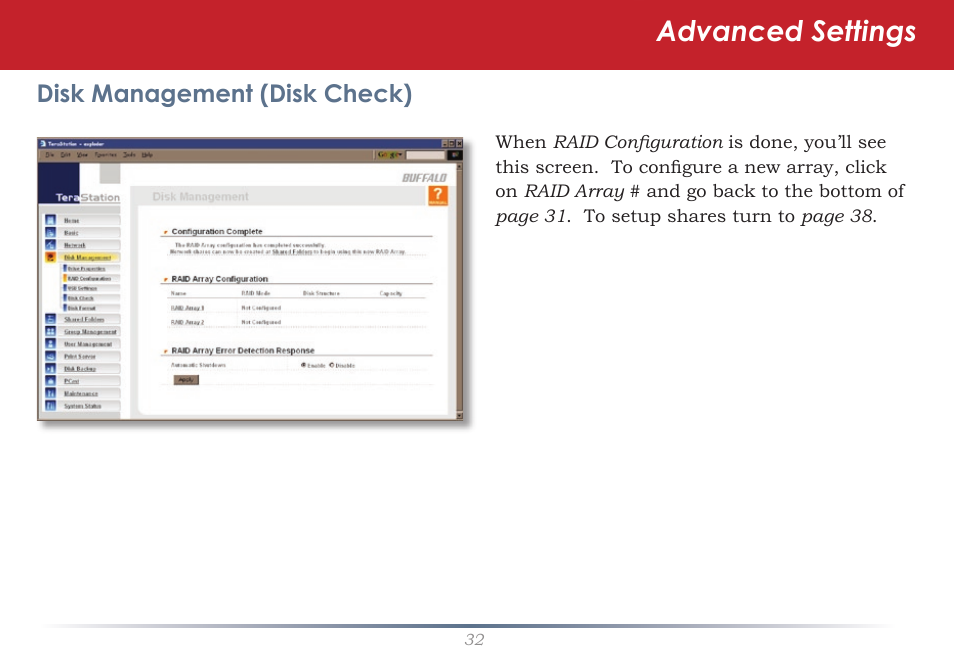 Advanced settings, Disk management (disk check) | Buffalo Technology TeraStation HD-HTGL/R5 User Manual | Page 32 / 82