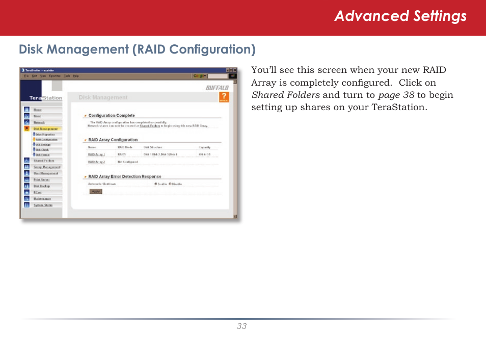 Advanced settings, Disk management (raid configuration) | Buffalo Technology TeraStation HD-HTGL/R5 User Manual | Page 33 / 82
