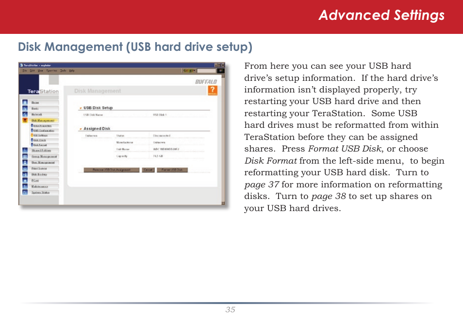 Advanced settings, Disk management (usb hard drive setup) | Buffalo Technology TeraStation HD-HTGL/R5 User Manual | Page 35 / 82
