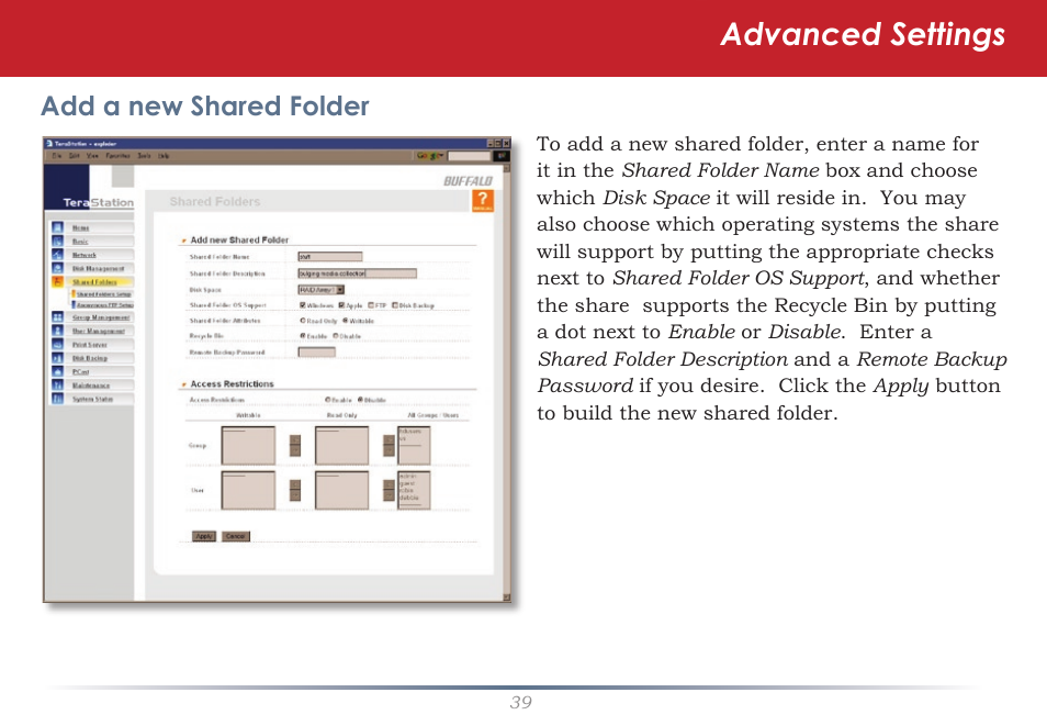 Advanced settings, Add a new shared folder | Buffalo Technology TeraStation HD-HTGL/R5 User Manual | Page 39 / 82