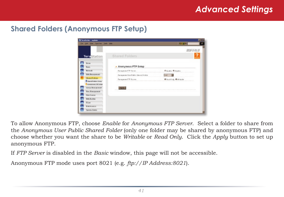 Advanced settings, Shared folders (anonymous ftp setup) | Buffalo Technology TeraStation HD-HTGL/R5 User Manual | Page 41 / 82