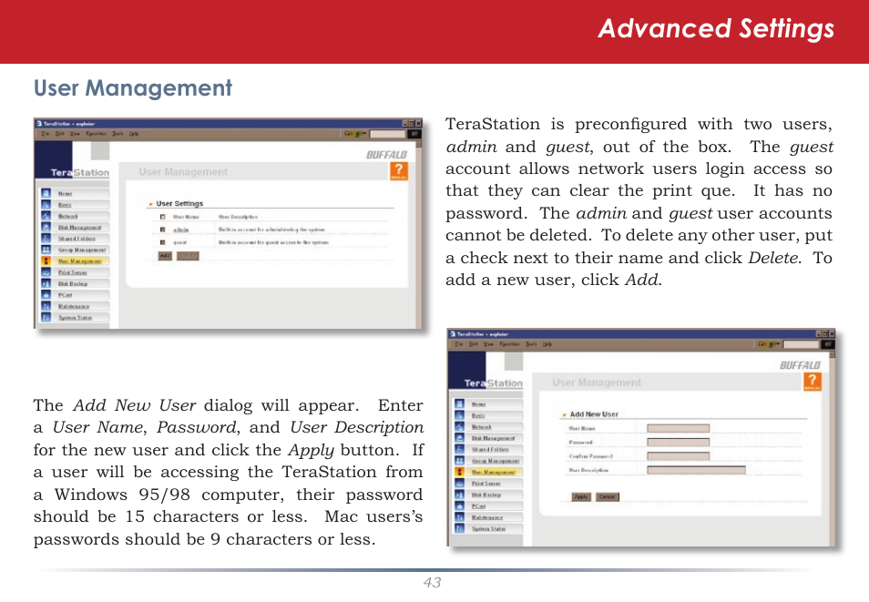 Advanced settings, User management | Buffalo Technology TeraStation HD-HTGL/R5 User Manual | Page 43 / 82