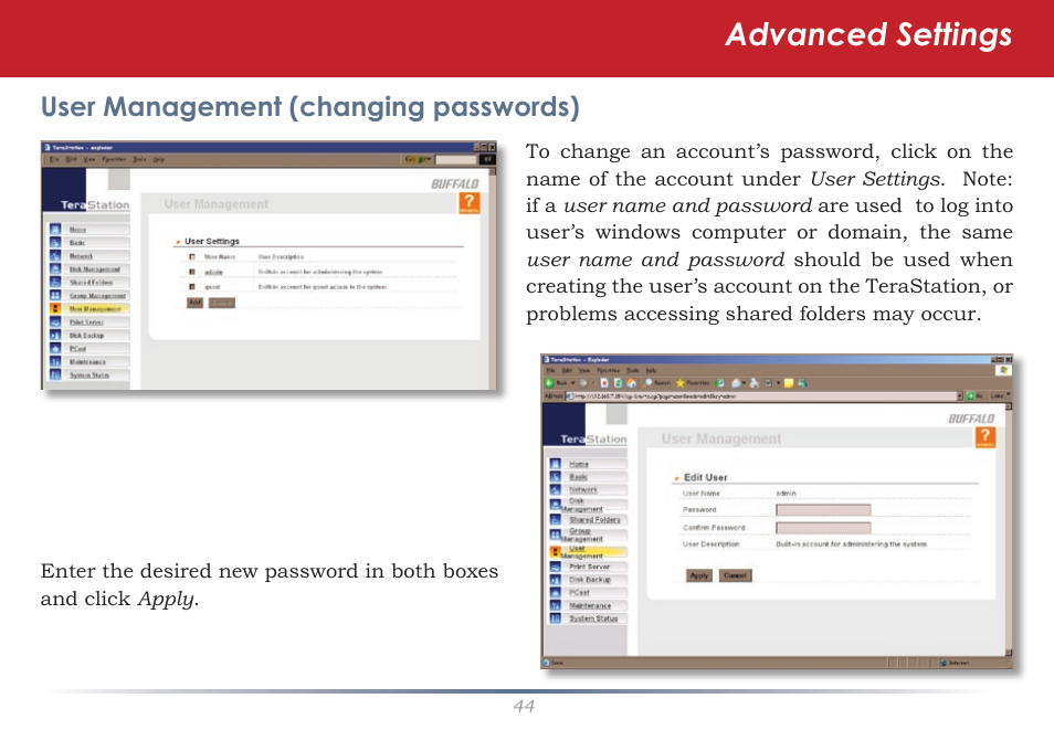 Advanced settings, User management (changing passwords) | Buffalo Technology TeraStation HD-HTGL/R5 User Manual | Page 44 / 82