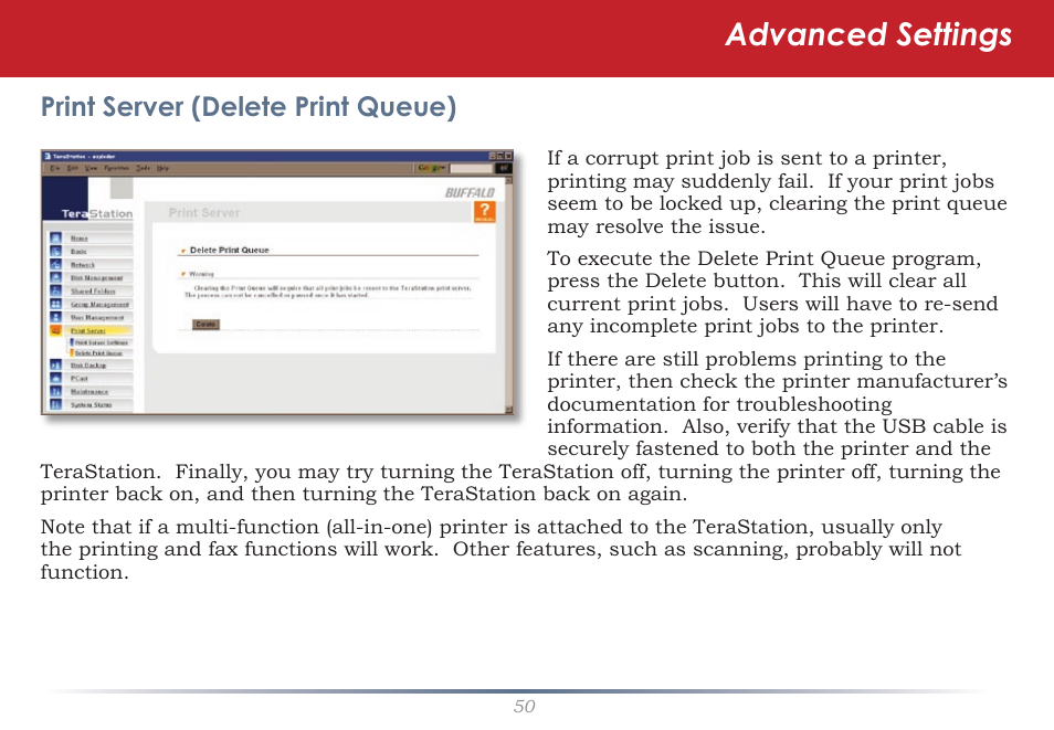 Advanced settings, Print server (delete print queue) | Buffalo Technology TeraStation HD-HTGL/R5 User Manual | Page 50 / 82