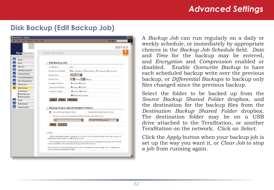 Advanced settings, Disk backup (edit backup job) | Buffalo Technology TeraStation HD-HTGL/R5 User Manual | Page 52 / 82