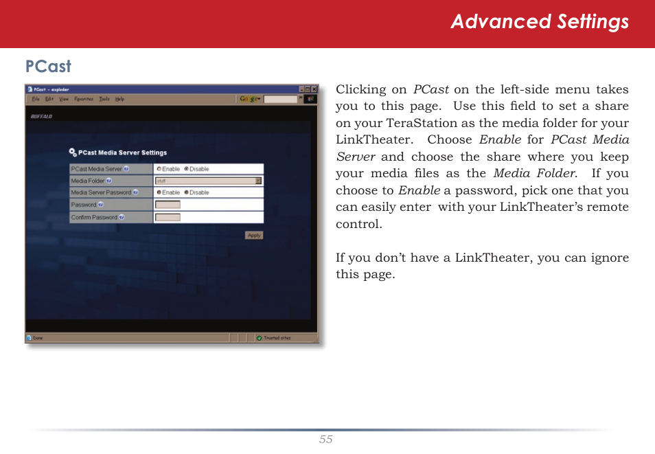Advanced settings, Pcast | Buffalo Technology TeraStation HD-HTGL/R5 User Manual | Page 55 / 82