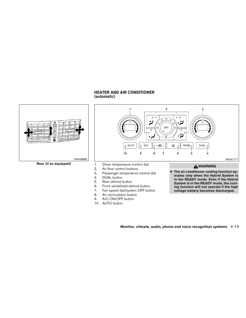 Heater and air conditioner (automatic) -19 | NISSAN 2010 Altima Hybrid - Owner's Manual User Manual | Page 178 / 422