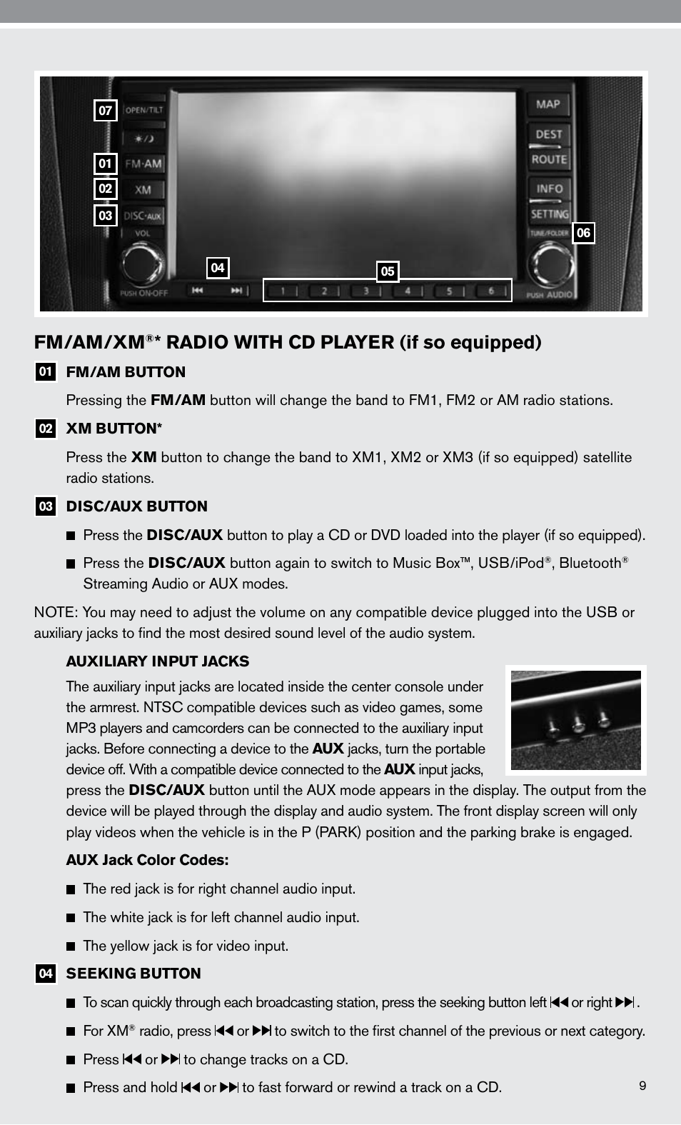 Fm/am/xm, Radio with cd player (if so equipped) | NISSAN 2010 Altima Hybrid - Quick Reference Guide User Manual | Page 11 / 36