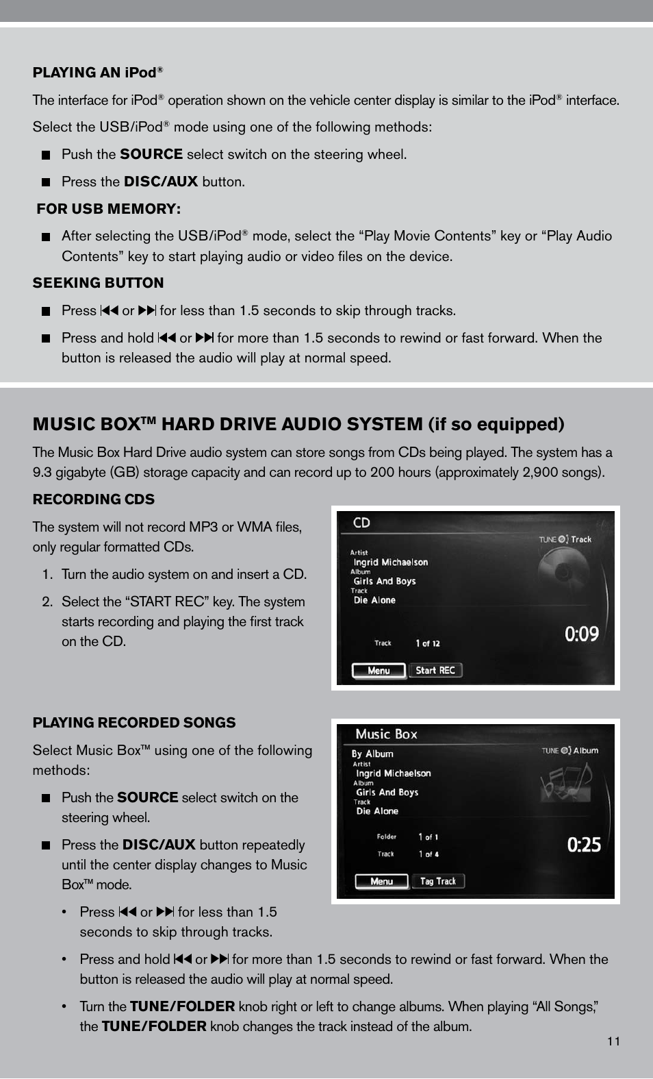 Music box, Hard drive audio system (if so equipped) | NISSAN 2010 Altima Hybrid - Quick Reference Guide User Manual | Page 13 / 36