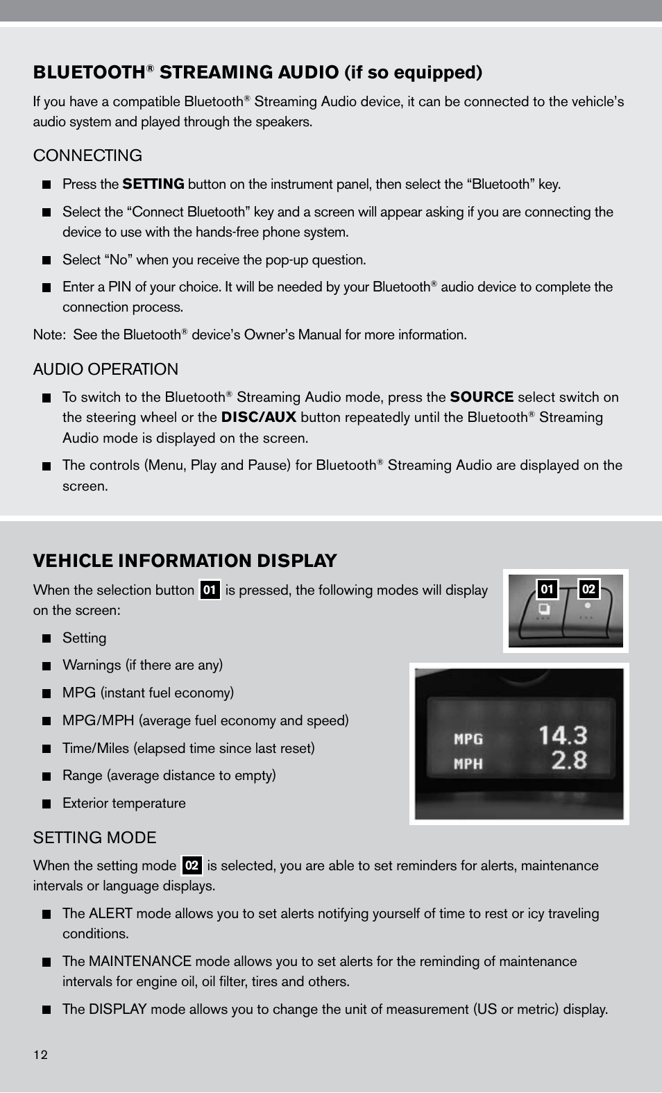 Bluetooth, Streaming audio (if so equipped), Vehicle information display | NISSAN 2010 Altima Hybrid - Quick Reference Guide User Manual | Page 14 / 36