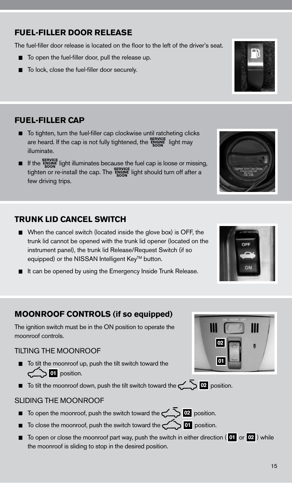Fuel-filler door release, Fuel-filler cap, Trunk lid cancel switch | Moonroof controls (if so equipped) | NISSAN 2010 Altima Hybrid - Quick Reference Guide User Manual | Page 17 / 36