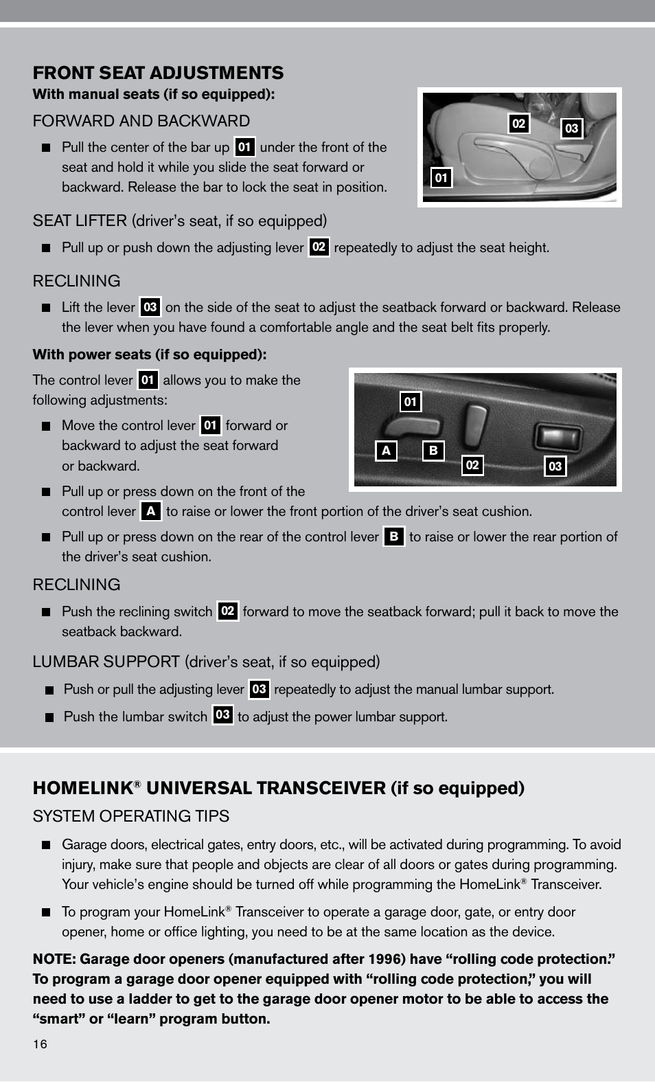 Front seat adjustments, Homelink, Universal transceiver (if so equipped) | NISSAN 2010 Altima Hybrid - Quick Reference Guide User Manual | Page 18 / 36