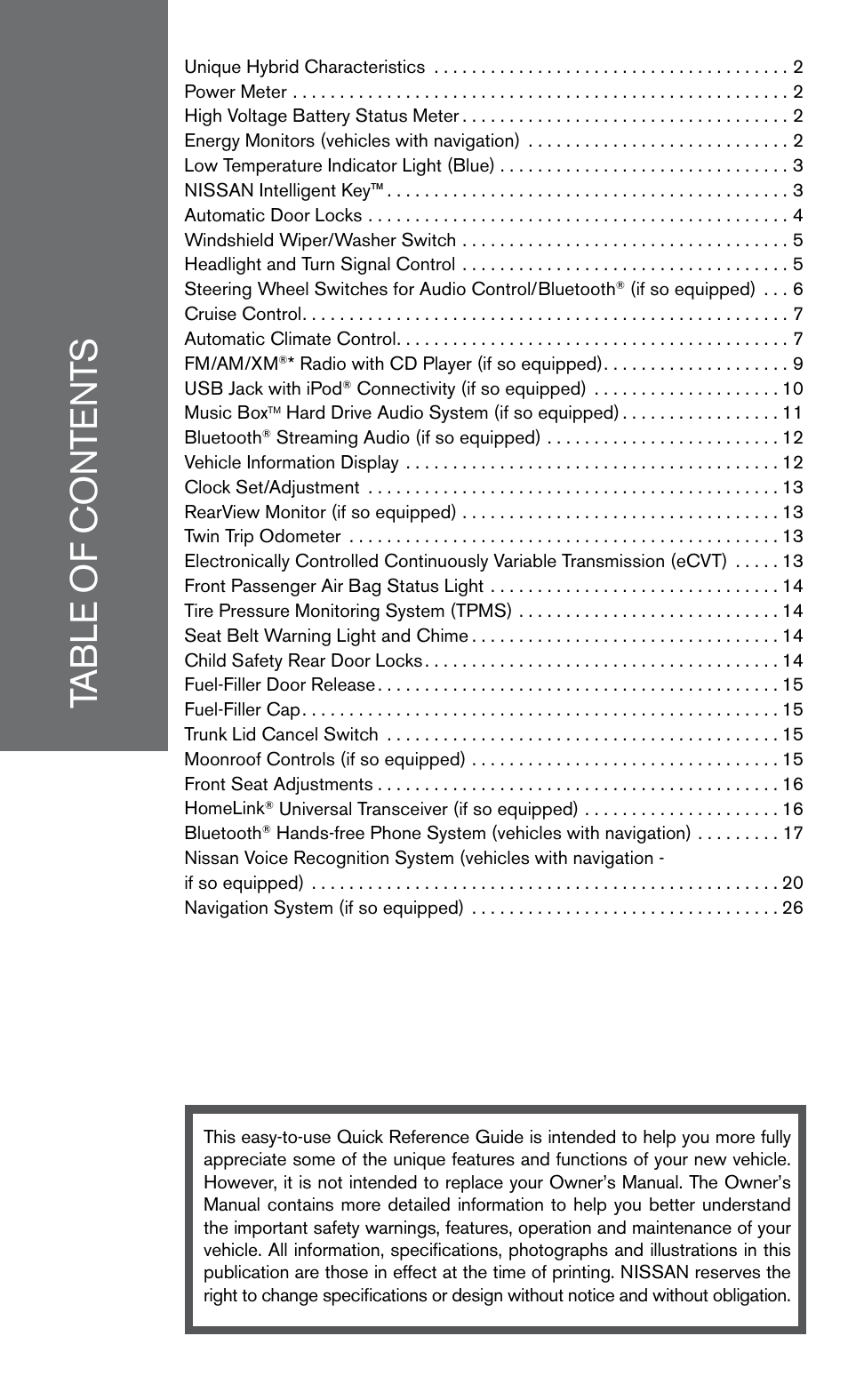 NISSAN 2010 Altima Hybrid - Quick Reference Guide User Manual | Page 3 / 36