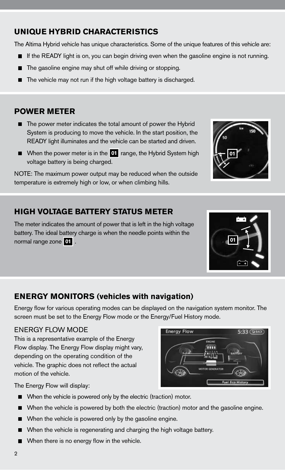 Unique hybrid characteristics, High voltage battery status meter, Energy monitors (vehicles with navigation) | Power meter | NISSAN 2010 Altima Hybrid - Quick Reference Guide User Manual | Page 4 / 36