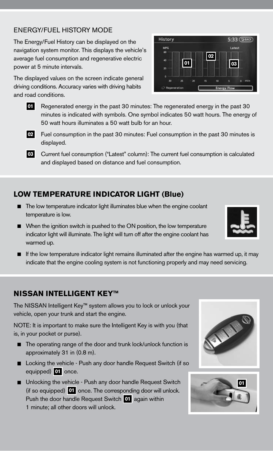Low temperature indicator light (blue), Nissan intelligent key | NISSAN 2010 Altima Hybrid - Quick Reference Guide User Manual | Page 5 / 36