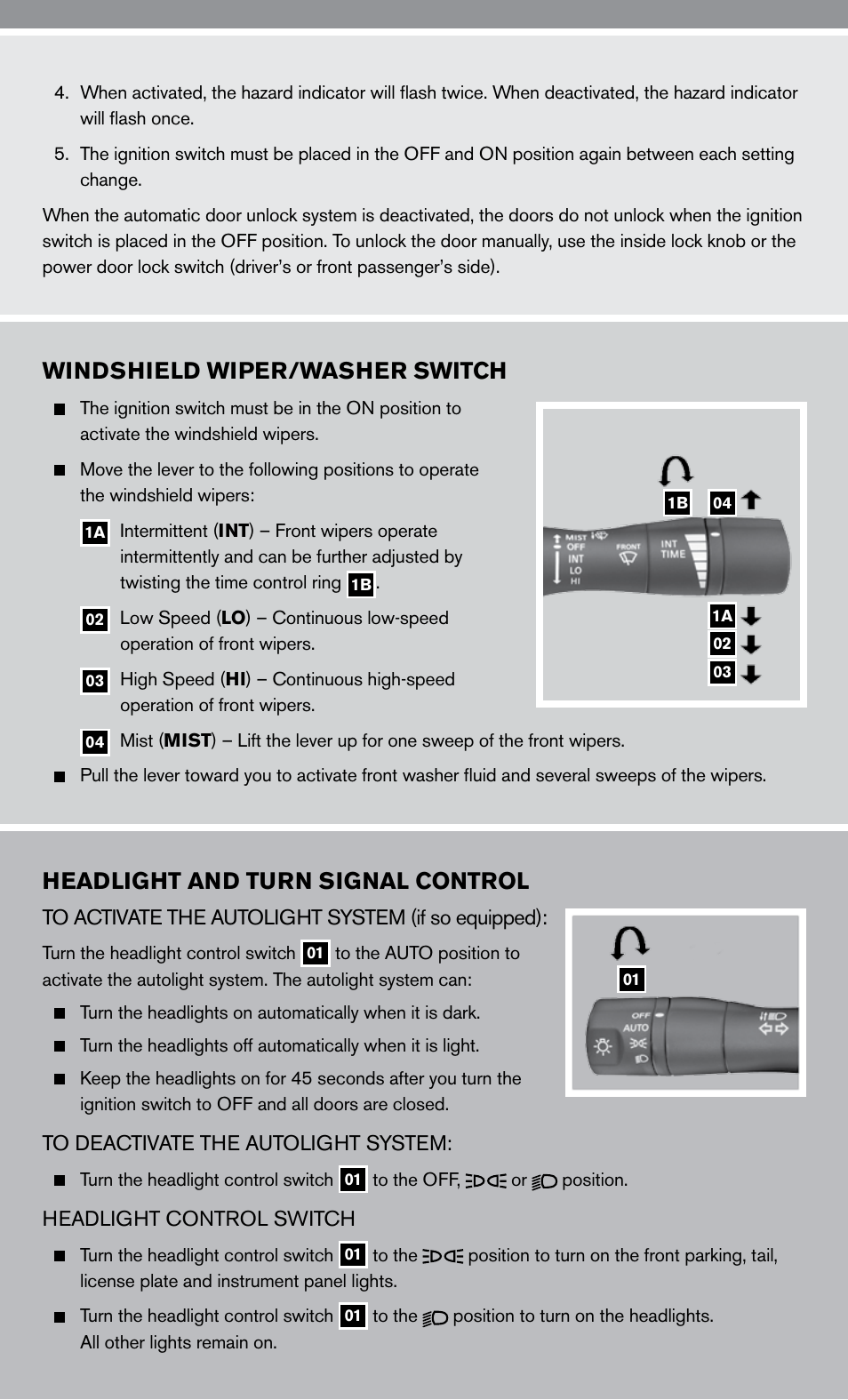 Windshield wiper/washer switch, Headlight and turn signal control | NISSAN 2010 Altima Hybrid - Quick Reference Guide User Manual | Page 7 / 36