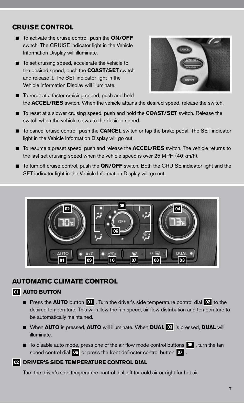 Cruise control, Automatic climate control | NISSAN 2010 Altima Hybrid - Quick Reference Guide User Manual | Page 9 / 36
