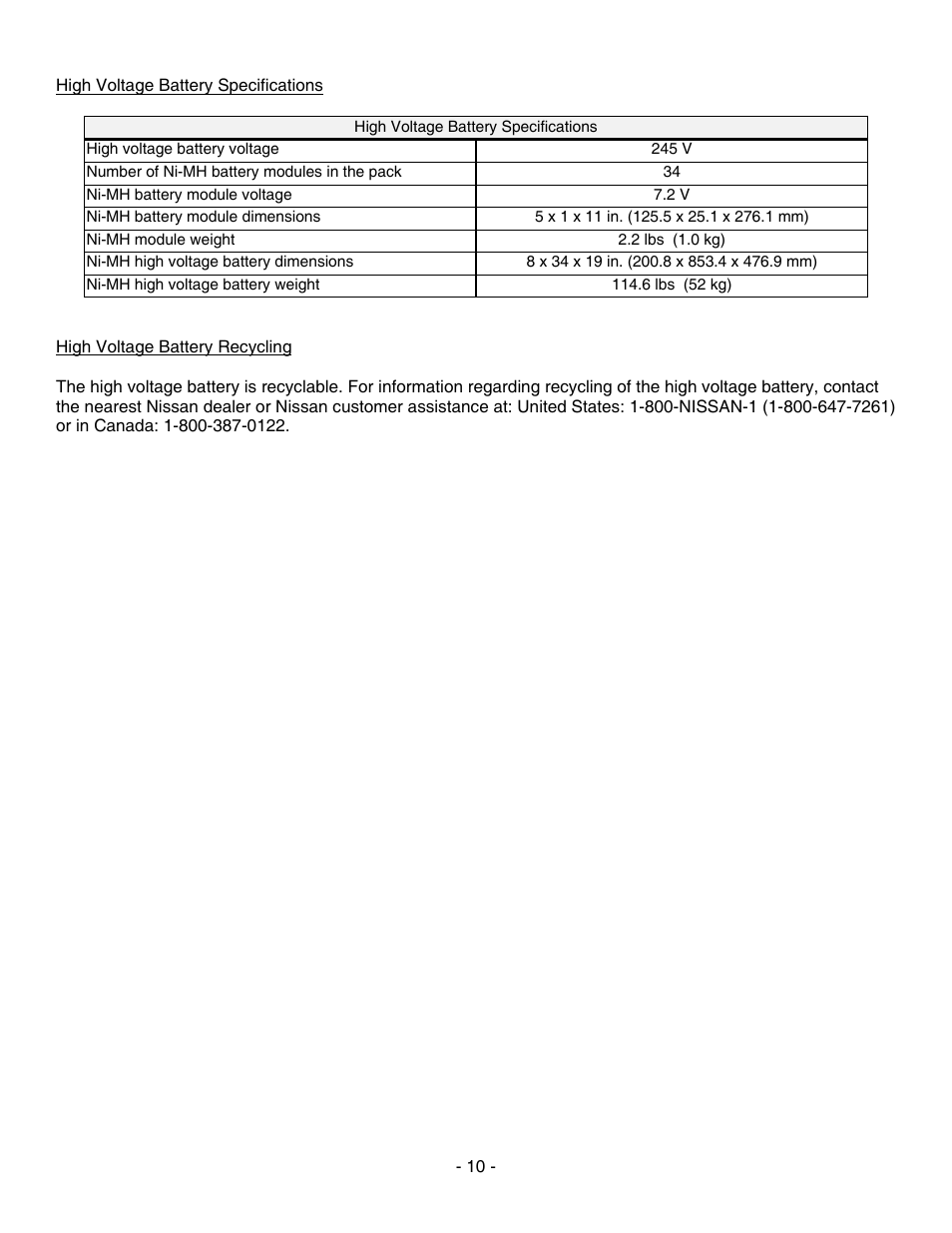 High voltage battery specifications, High voltage battery recycling | NISSAN 2010 Altima Hybrid - First Responder's Guide User Manual | Page 10 / 27