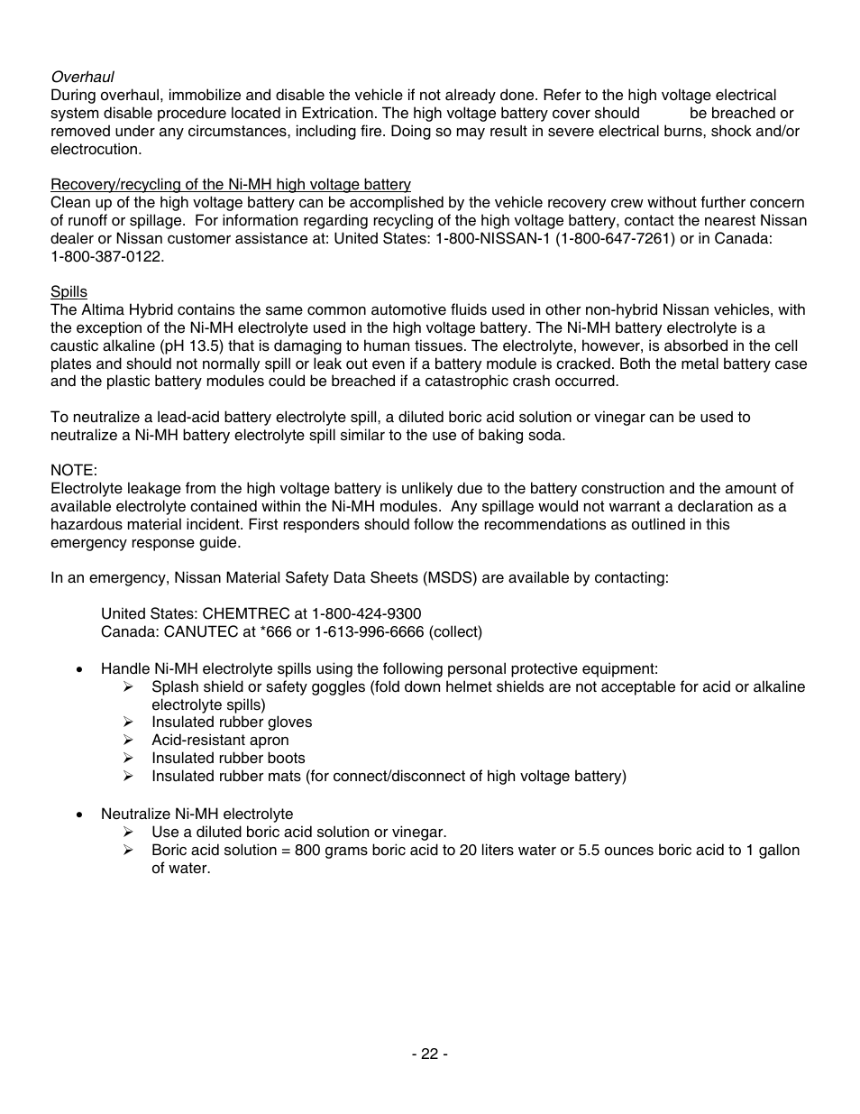 Spills | NISSAN 2010 Altima Hybrid - First Responder's Guide User Manual | Page 22 / 27