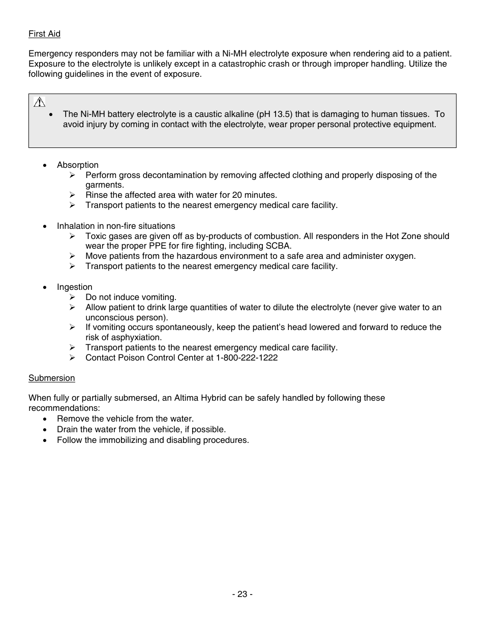 First aid, Submersion | NISSAN 2010 Altima Hybrid - First Responder's Guide User Manual | Page 23 / 27