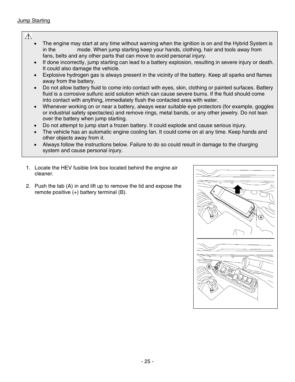 Jump starting | NISSAN 2010 Altima Hybrid - First Responder's Guide User Manual | Page 25 / 27